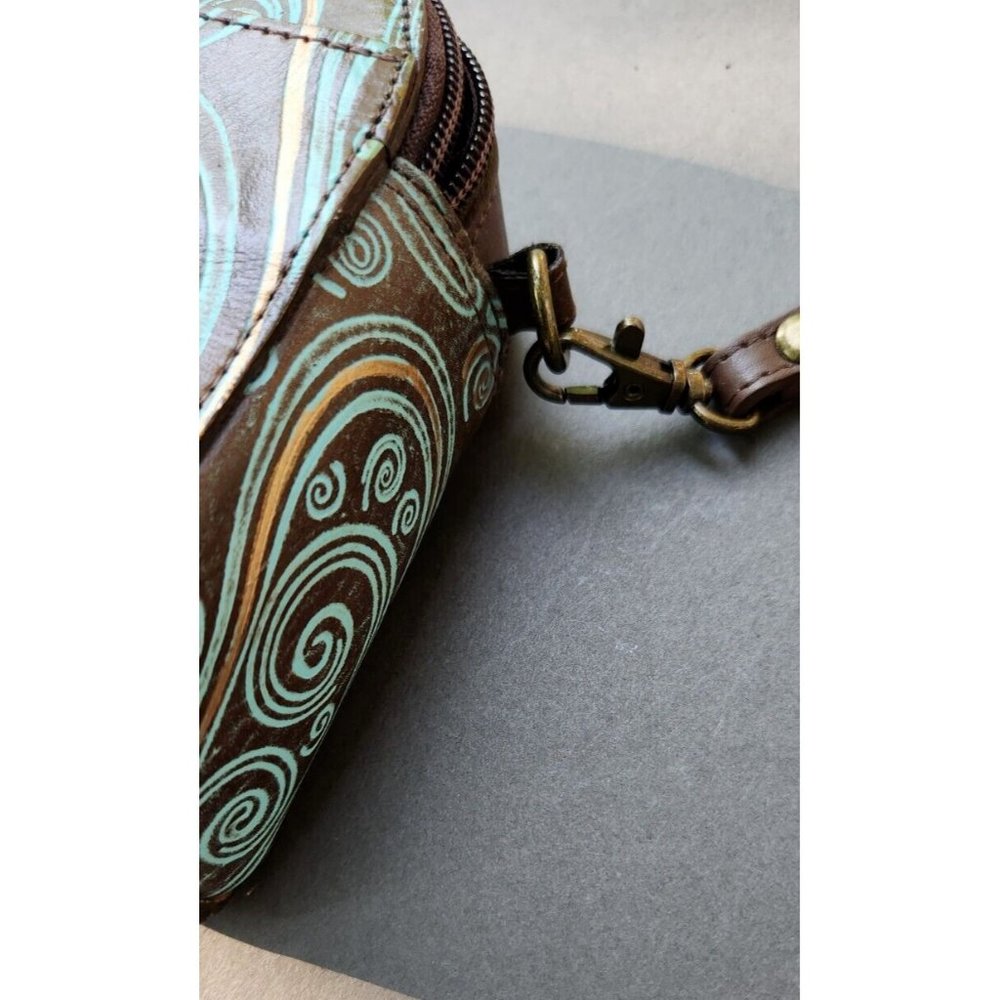 Anuschka Twin Top Wallet Wrislet Organizer Makeup Bag Tooled Waves Small Purse - Picture 15 of 16